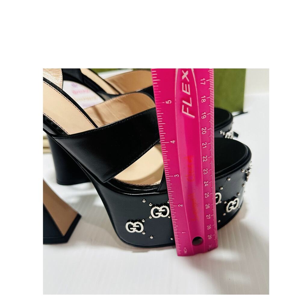 NIB Gucci Janaya Black Platform Slingback Sandals 40.5 US 10.5 GG Studded Heels - Picture 12 of 16